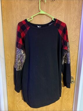 Blouse with Red Buffalo Plaid Shoulders and Sequin Elbow Panels